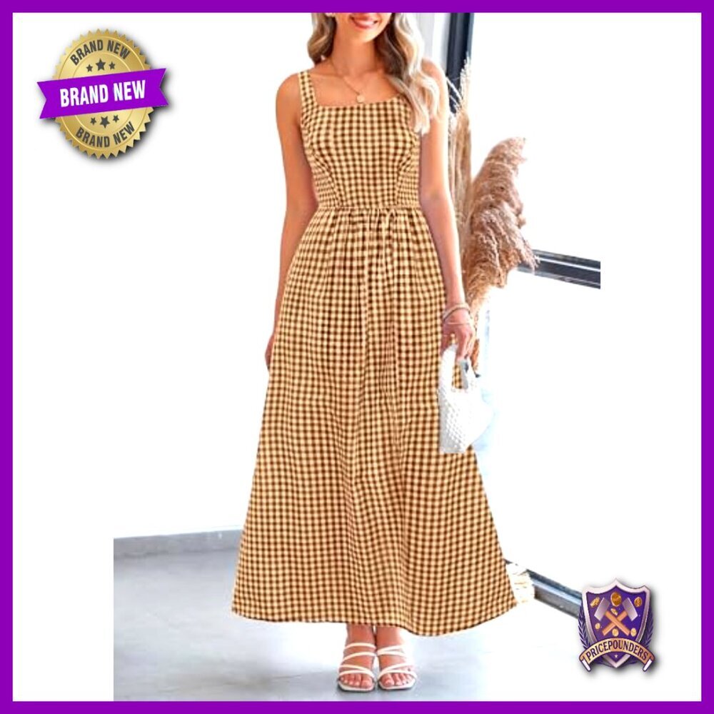 Spaghetti Strap Maxi Dress Plaid Square Neck A-Line Casual Beach Vacation - Picture 3 of 7